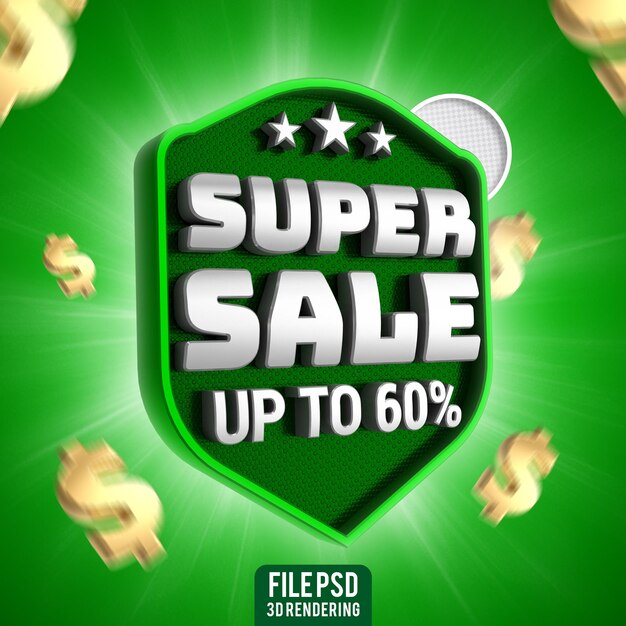 PSD super sale with 60 off 3d rendering banner