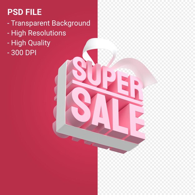 Super sale with bow and ribbon 3d design on isolated background