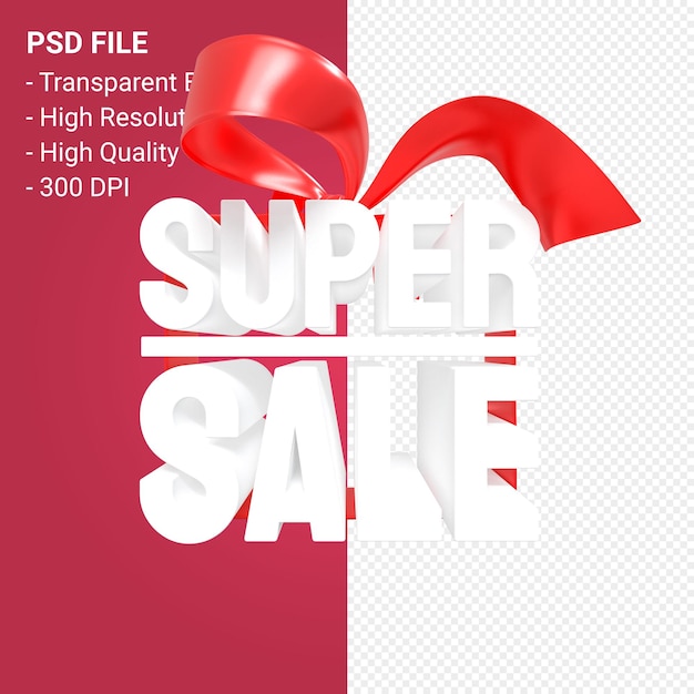 PSD super sale with bow and ribbon 3d design isolated