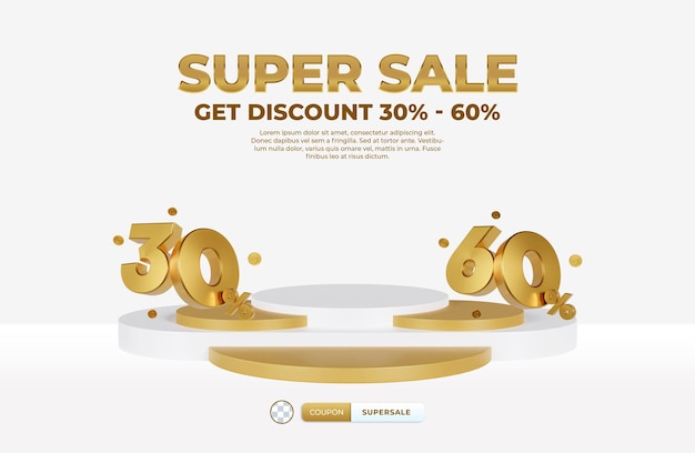 PSD super sale with realistic 3d gold podium display product front view