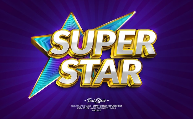 Super star shiny 3d custom text effect with 3d object icon star golden color