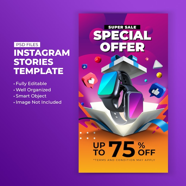 Super verkoop speciale aanbieding promotie voor instagram postverhalen ontwerpsjabloon