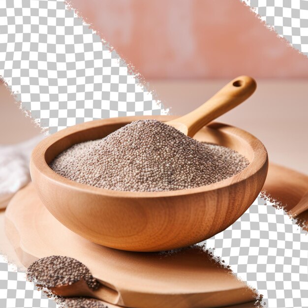 Superfood and clean food chia seeds on spoon in bowl on cream background transparent background