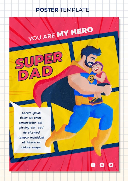 Papà supereroe con figlio in braccio modello di poster vettoriale per la festa del papà