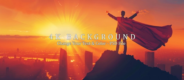 superhero standing on a mountain top at sunset