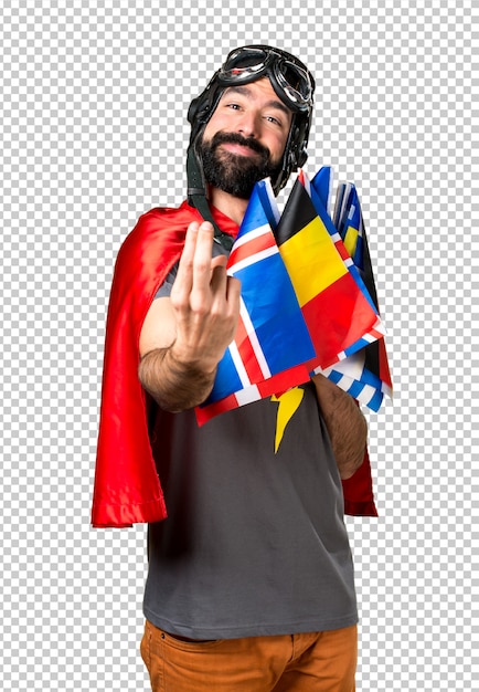 PSD superhero with a lot of flags coming gesture