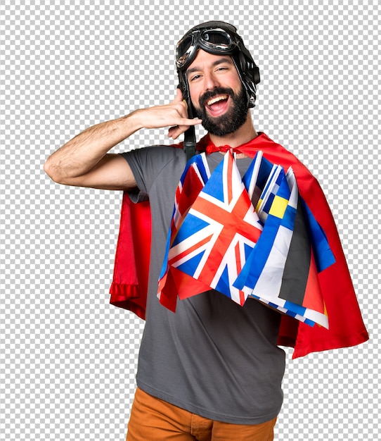 Superhero with a lot of flags making phone gesture