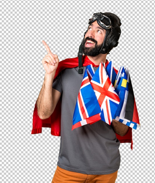 PSD superhero with a lot of flags pointing up