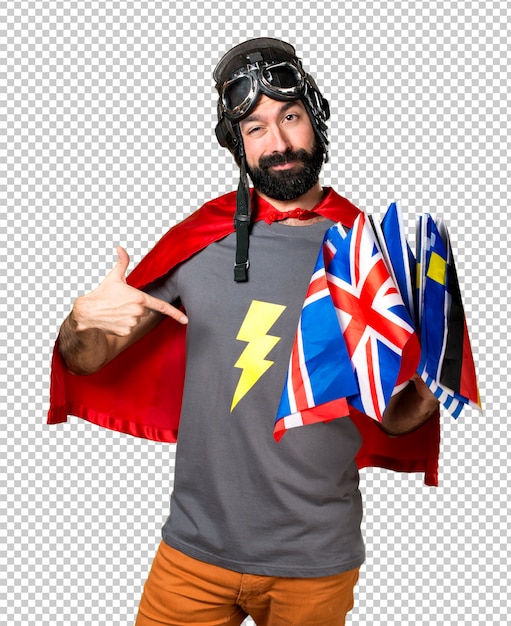 Superhero with a lot of flags proud of himself