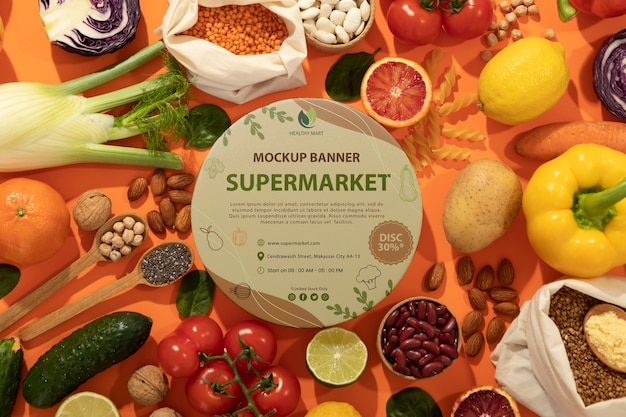 PSD supermarket banner mockup with fruits and vegetables