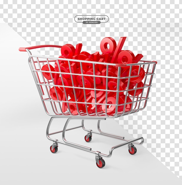 PSD supermarket cart with percentage symbol in 3d realistic render with transparent background