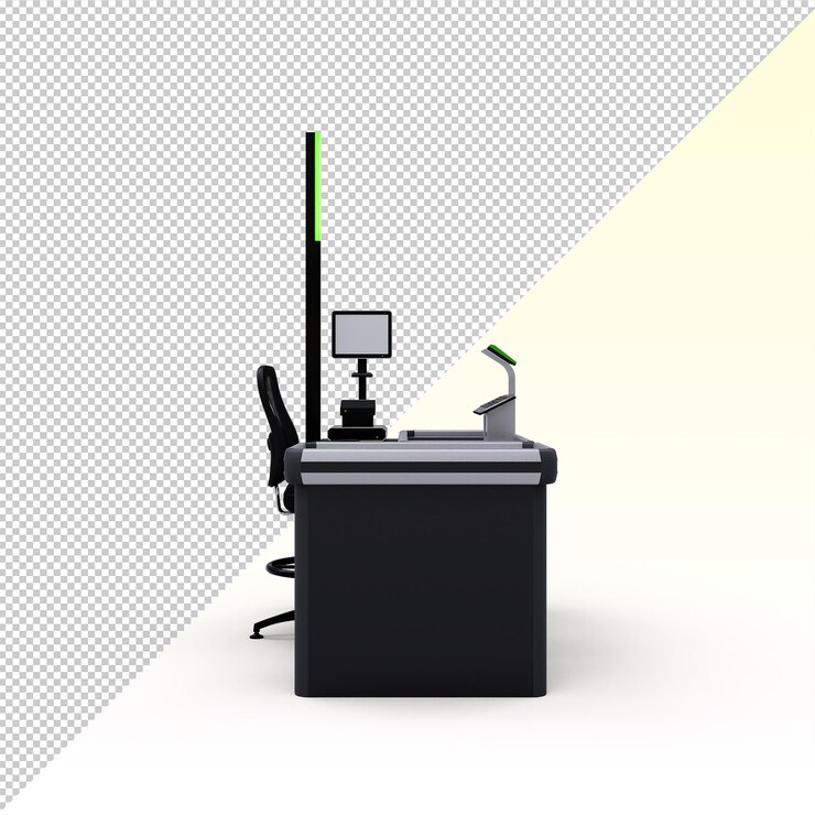 PSD supermarket cashier stand isolated