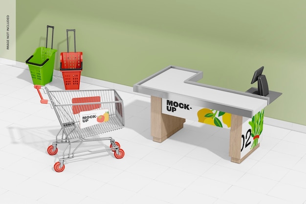 Supermarket interior scene mockup, perspective