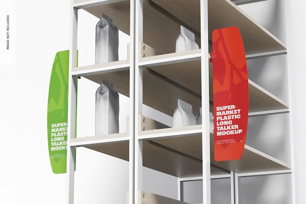 PSD supermarket plastic long talker mockup, left view