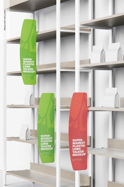 PSD supermarket plastic long talkers mockup, right view