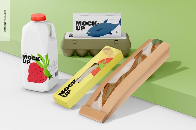 PSD mockup di kit di prodotti per supermercati, vista da destra