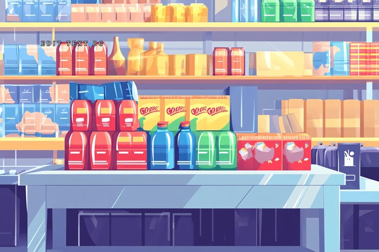 PSD スーパーマーケットの棚には様々な食品や飲料がめ込まれています
