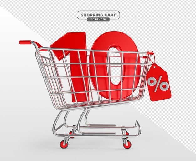 Carrello per supermercati con numero del 10 percento in rendering 3d realistico con sfondo trasparente