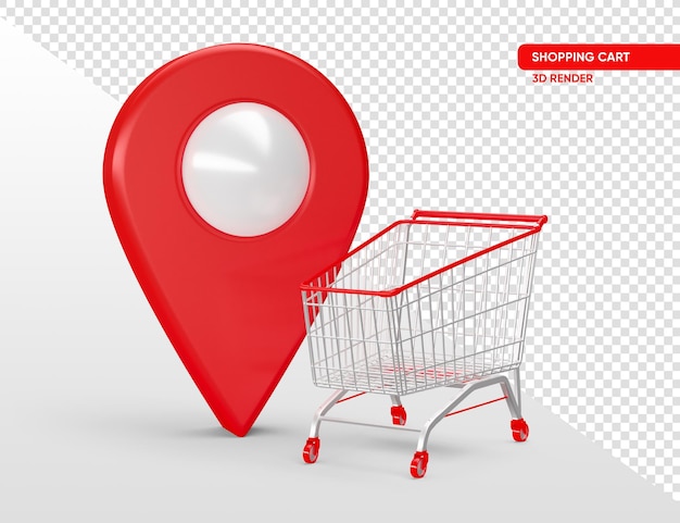 Supermarket trolley with location icon in realistic 3d render with transparent background