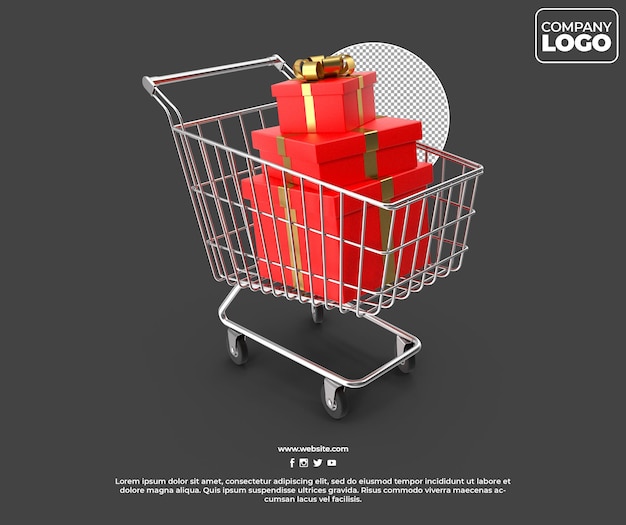 Supermarkt winkelwagen mockup en geschenkdoos met transparante achtergrond