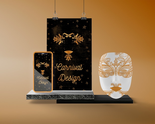 PSD support with carnival mask and phone