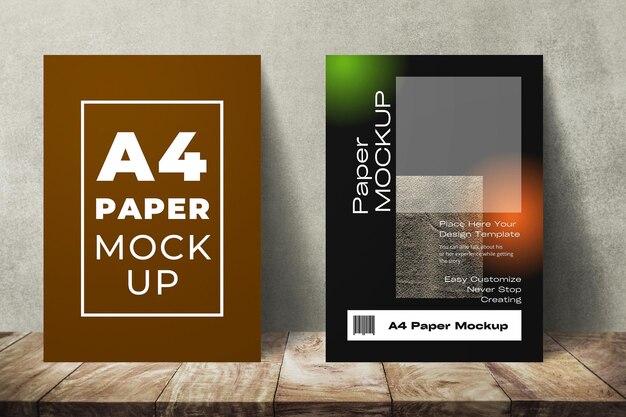 PSD mockup di carta a4 in legno di superficie con effetto pendente su sfondo texture