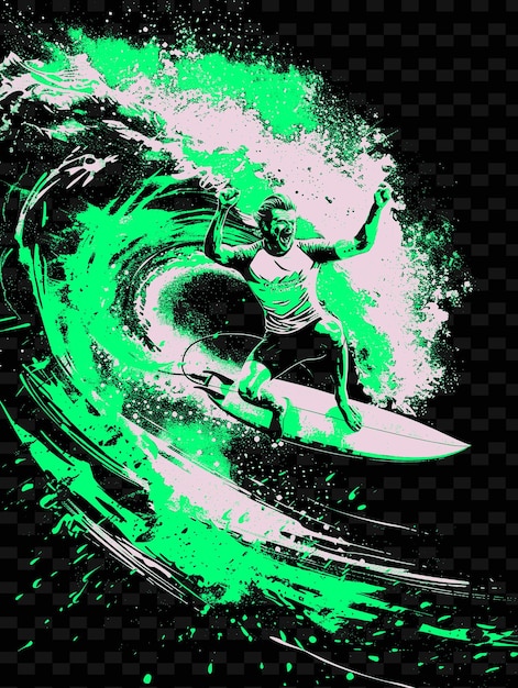 PSD surfer jeżdżący na fali z deską do surfowania i garniturem z ilustracją confiden flat 2d sport backgroundt