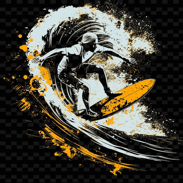 PSD surfer riding wave with balanced pose with focused determin illustration flat 2d sport backgrounda