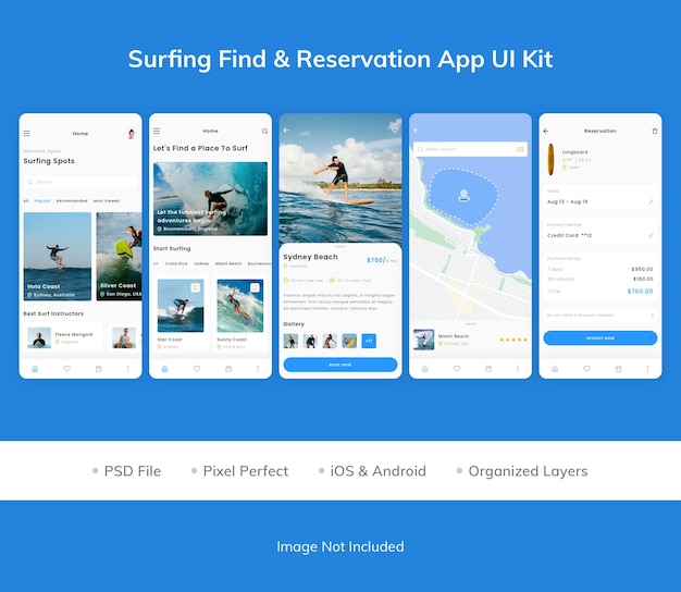 Комплект пользовательского интерфейса приложения surfing find amp reservation