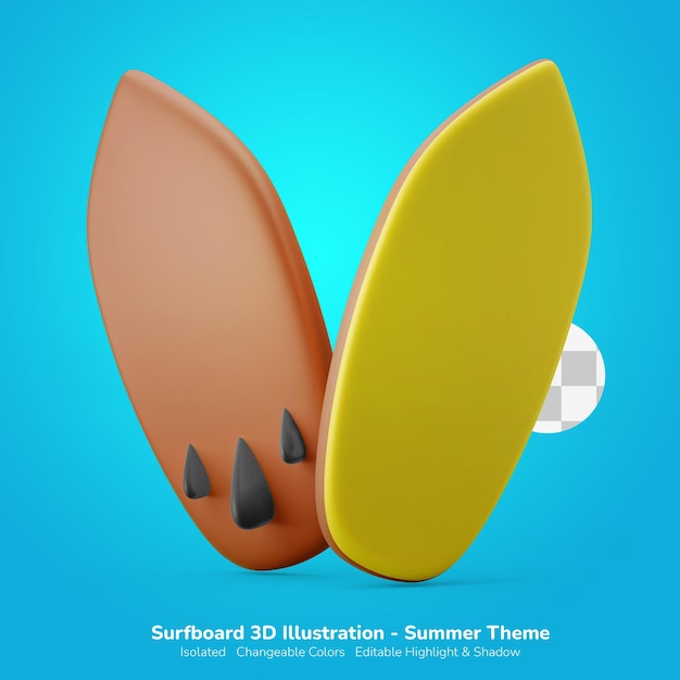 Surfplank surfen sport zomer thema 3d illustratie 3d pictogram bewerkbare kleur geïsoleerd