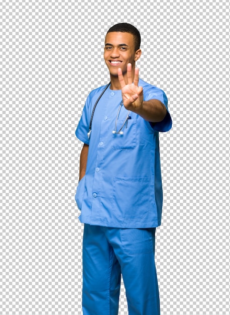 PSD surgeon doctor man happy and counting three with fingers