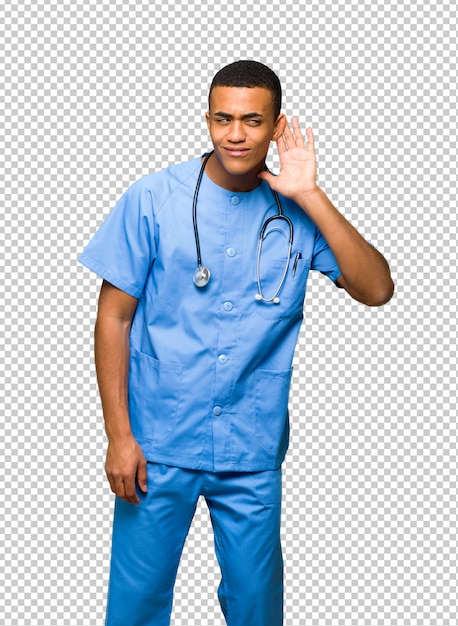 PSD surgeon doctor man listening to something by putting hand on the ear