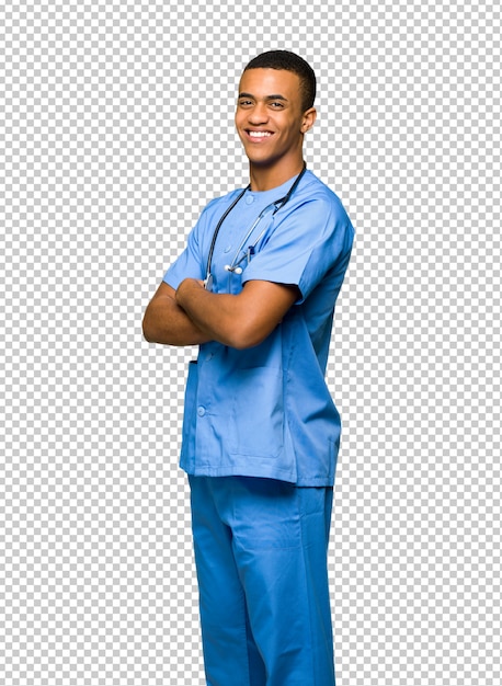 Surgeon doctor man looking over the shoulder with a smile