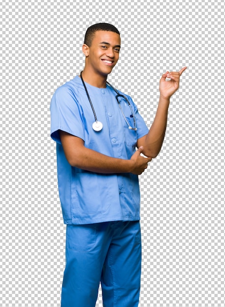 PSD surgeon doctor man pointing finger to the side in lateral position