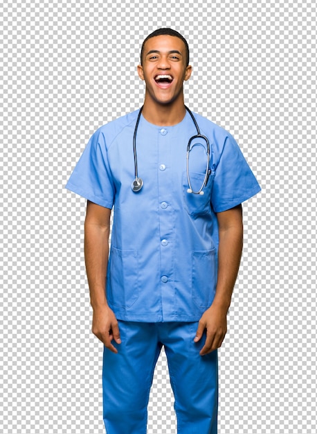 Surgeon doctor man shouting to the front with mouth wide open