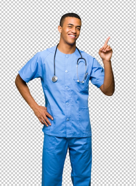 PSD surgeon doctor man showing and lifting a finger in sign of the best