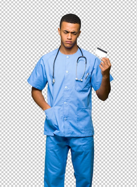 Surgeon doctor man taking a credit card without money