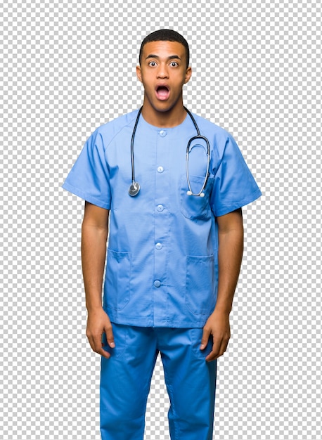 Surgeon doctor man with surprise and shocked facial expression