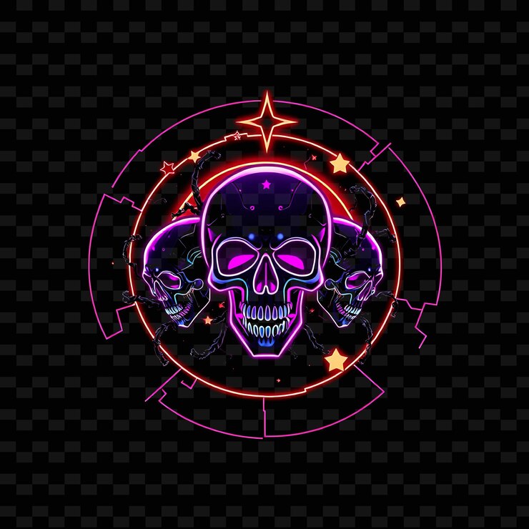 PSD surging neon on circular badge with broken outlines inside filled with robotic skulls vines and st