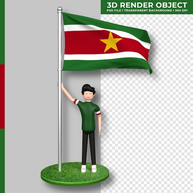 Suriname flag with cute people cartoon character. 3d rendering.