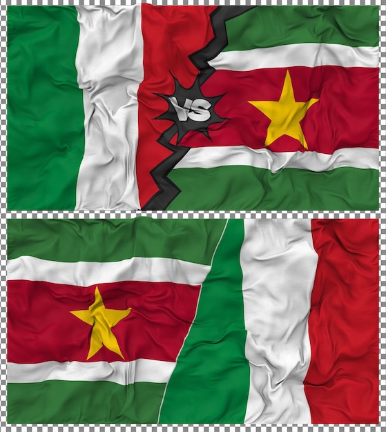 suriname vs italy half combined flag cloth bump texture 3d rendering