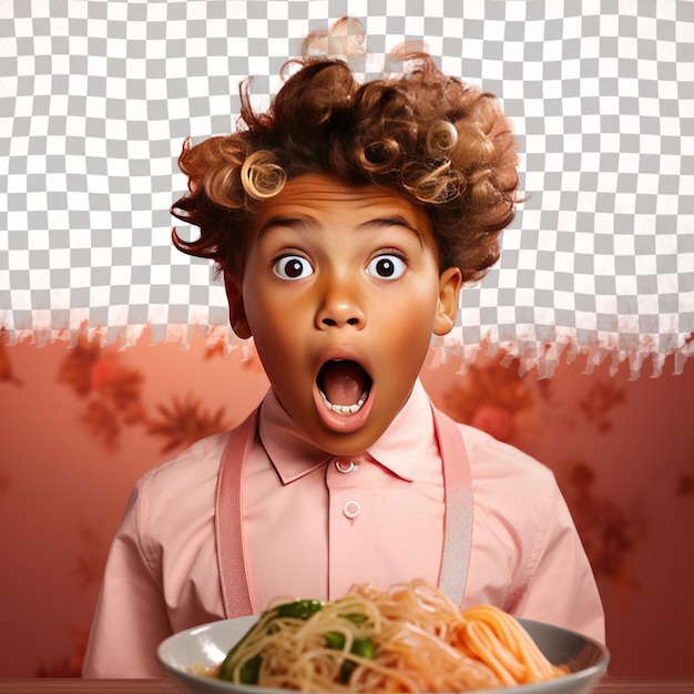 PSD a surprised child boy with wavy hair from the african ethnicity dressed in cooking gourmet dishes attire poses in a elegant hand on neck style against a pastel coral background