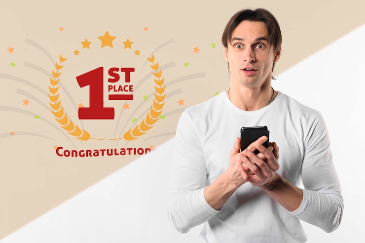 PSD surprised man holding smartphone