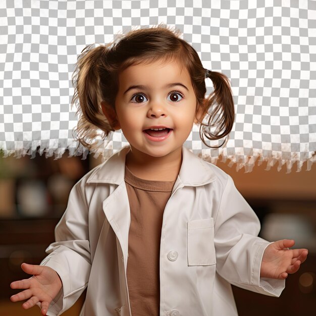 PSD a surprised preschooler girl with short hair from the west asian ethnicity dressed in physician assistant attire poses in a back arch with hands on thighs style against a pastel beige backgr