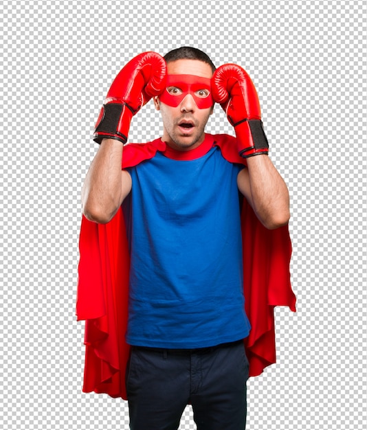 PSD surprised superhero with a boxing gloves