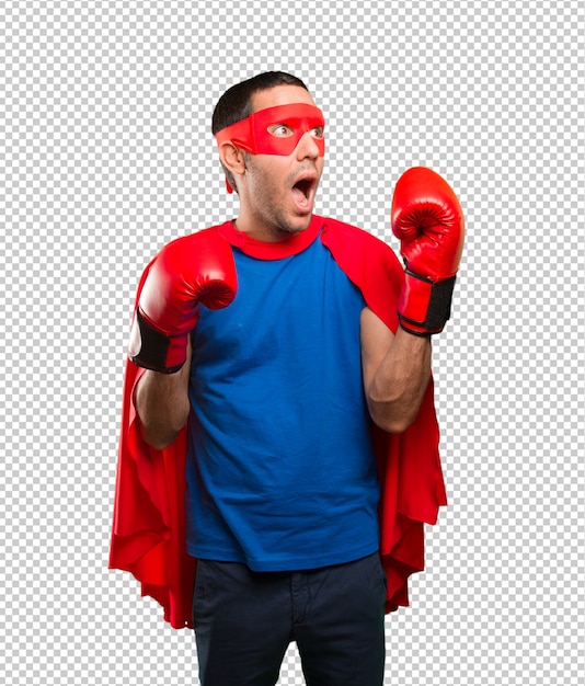 PSD surprised superhero with a boxing gloves