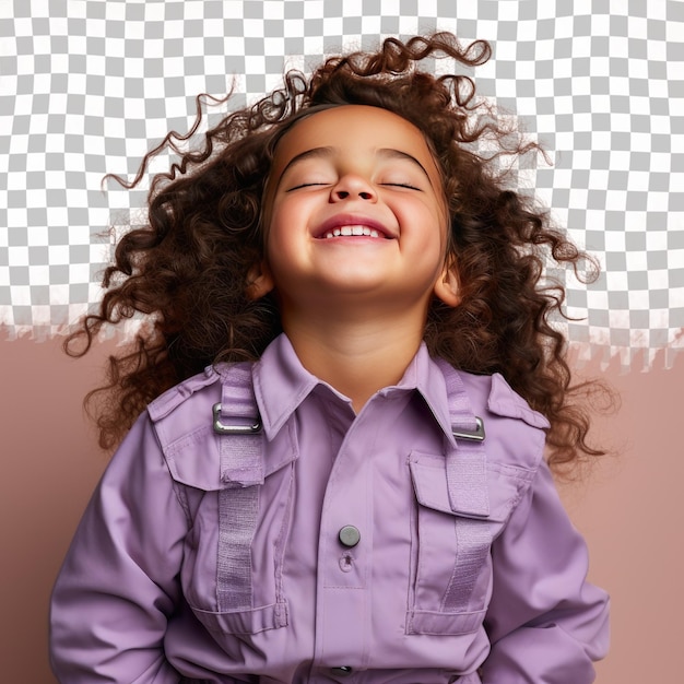 Una bambina sorpresa con i capelli ondulati dell'etnia mongola vestita con abiti da operaio edile posa con gli occhi chiusi con un sorriso sullo sfondo pastello lilac