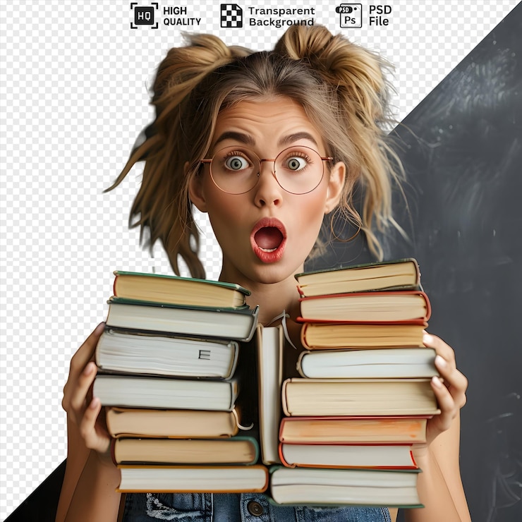 PSD surprised woman with pigtails wearing glasses holding two stacks of books in front of her against a blackboard background isolated on a transparent background