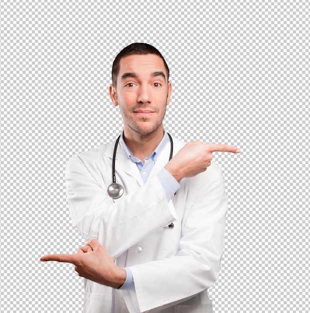 PSD surprised young doctor pointing