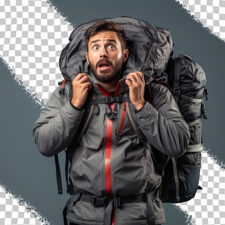 PSD surprised young mountaineer with large backpack on transparent background